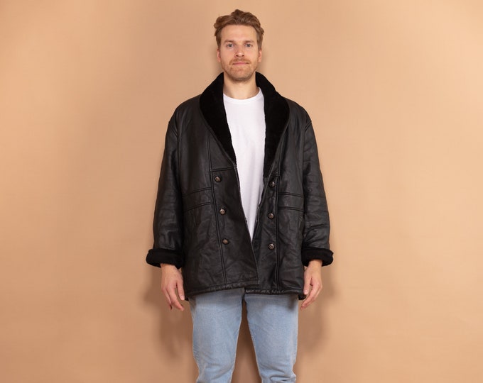 Vintage Leather Sherpa Coat 90s, Size Extra Large, Vintage Men Leather Coat, Boho Style Warm Winter Coat, Black Coat, Gift for Men