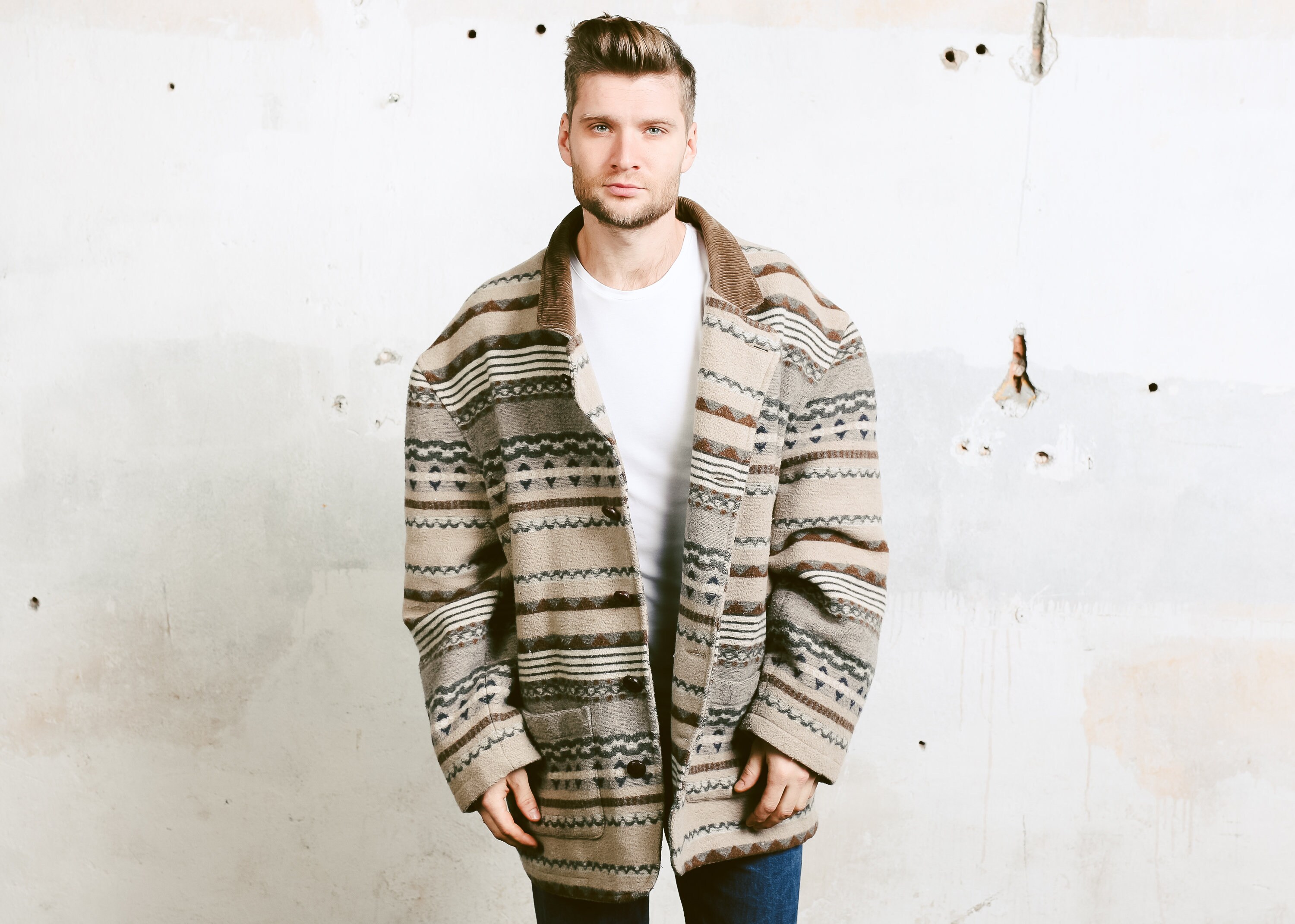 Men Aztec Coat . Wool Jacket Southwestern Mexican Peruvian Woven Winter ...