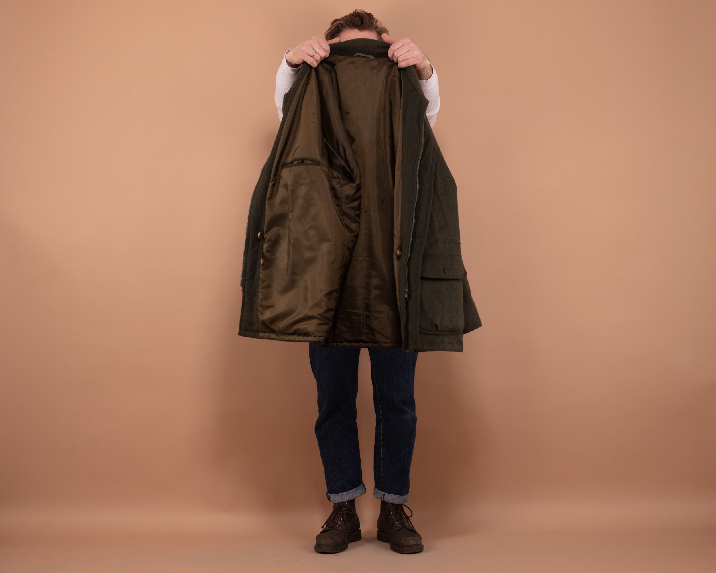 ジャケット・アウター 90s 2way Padded Wool Jacket Khaki 56 Vintage 90s Wool Blend Parka Coat: Khaki Green XXL Oversized