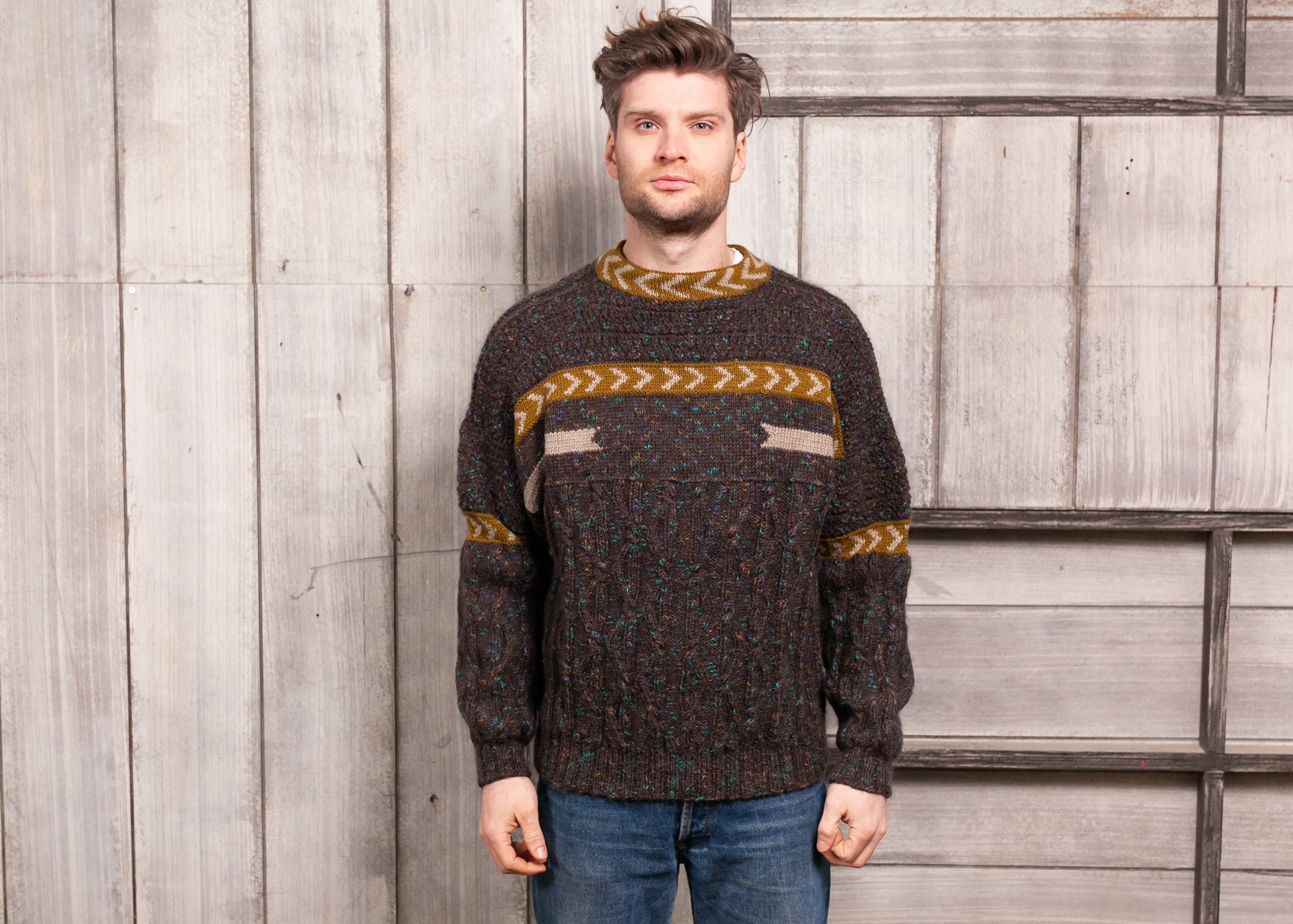 Mens Vintage Patterned Sweater . 90s Striped Sweater Boyfriend Sweater Wool Blend Pullover 1990s