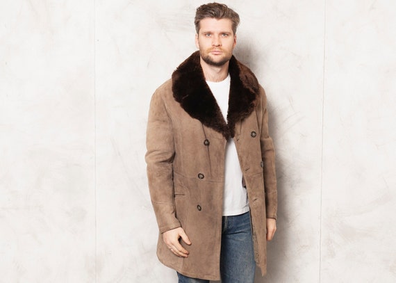 Men 70s Vintage Suede Sheepskin Coat 70s Shearling