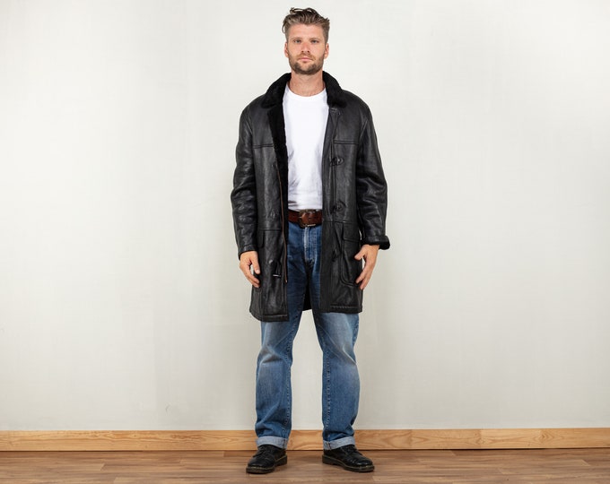 Sheepskin Duffle Coat men vintage 90s black sheepskin coat leather shearling coat boyfriend gift idea men winter outerwear size large