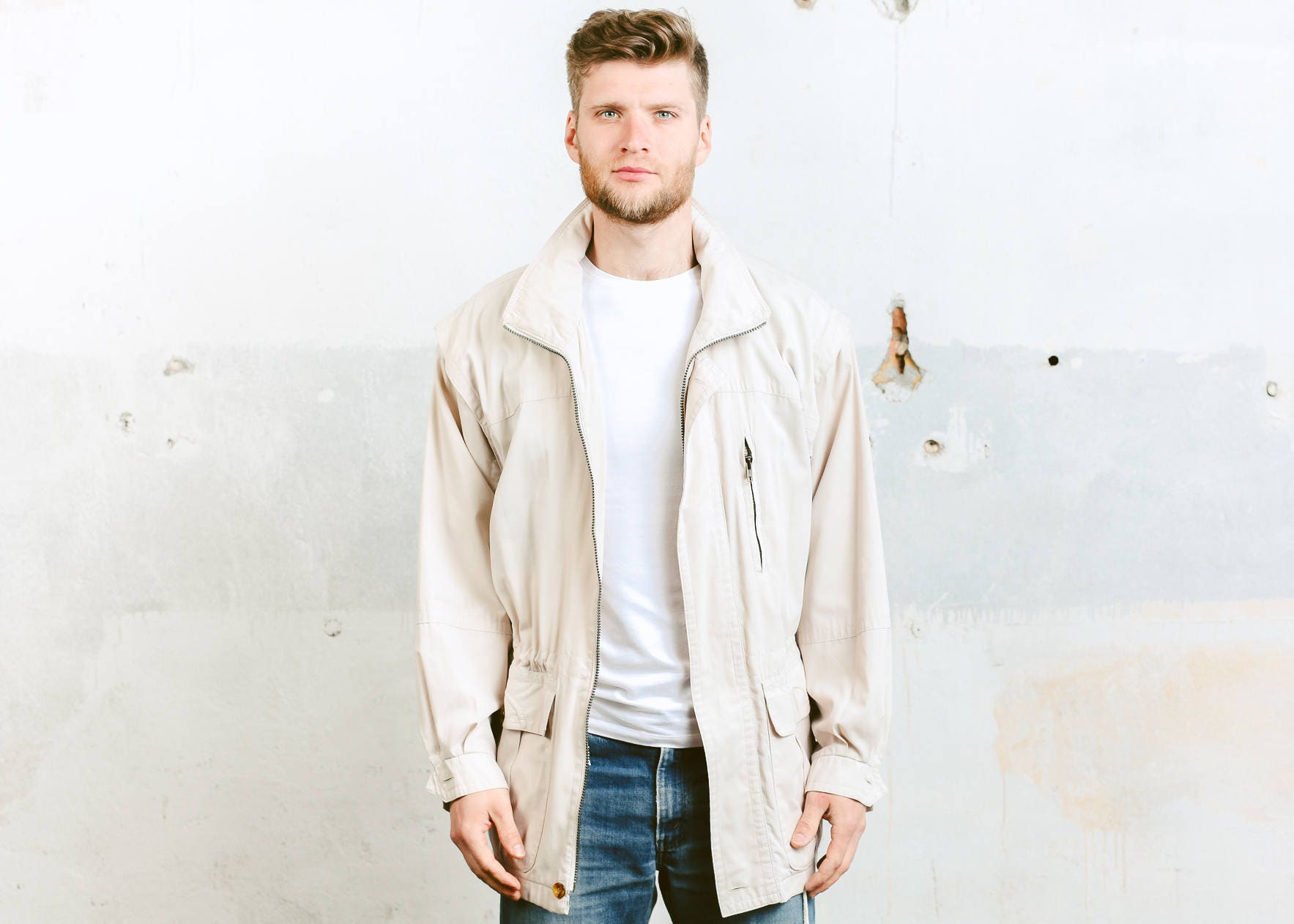 Men's Parka Jacket . 80s Windbreaker Shell Jacket Beige Outerwear Mens ...