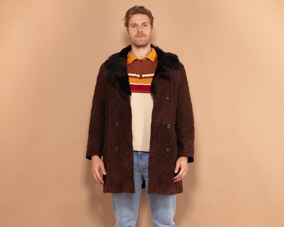 Manteau en peau de mouton pour homme en daim des annees 90 taille moyenne manteau en peau de mouton retournee marron chocolat vintage vetements d exterieur en daim retro manteau marron classique