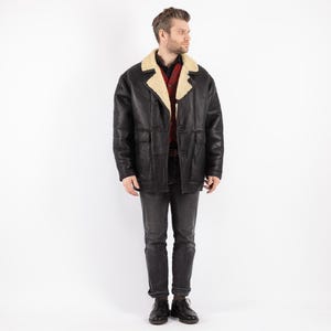 80&#39;s Black Sheepskin Coat, Men Size Large L Sheepskin Coat, Men&#39;s Shearling Coat, Black Fur Leather Overcoat, Men Western Coat, BetaMenswear