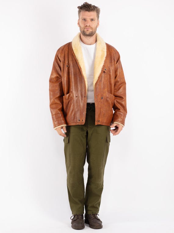 80s Vintage Brown Faux Shearling Coat, Sherpa Jacket, Men's Size L