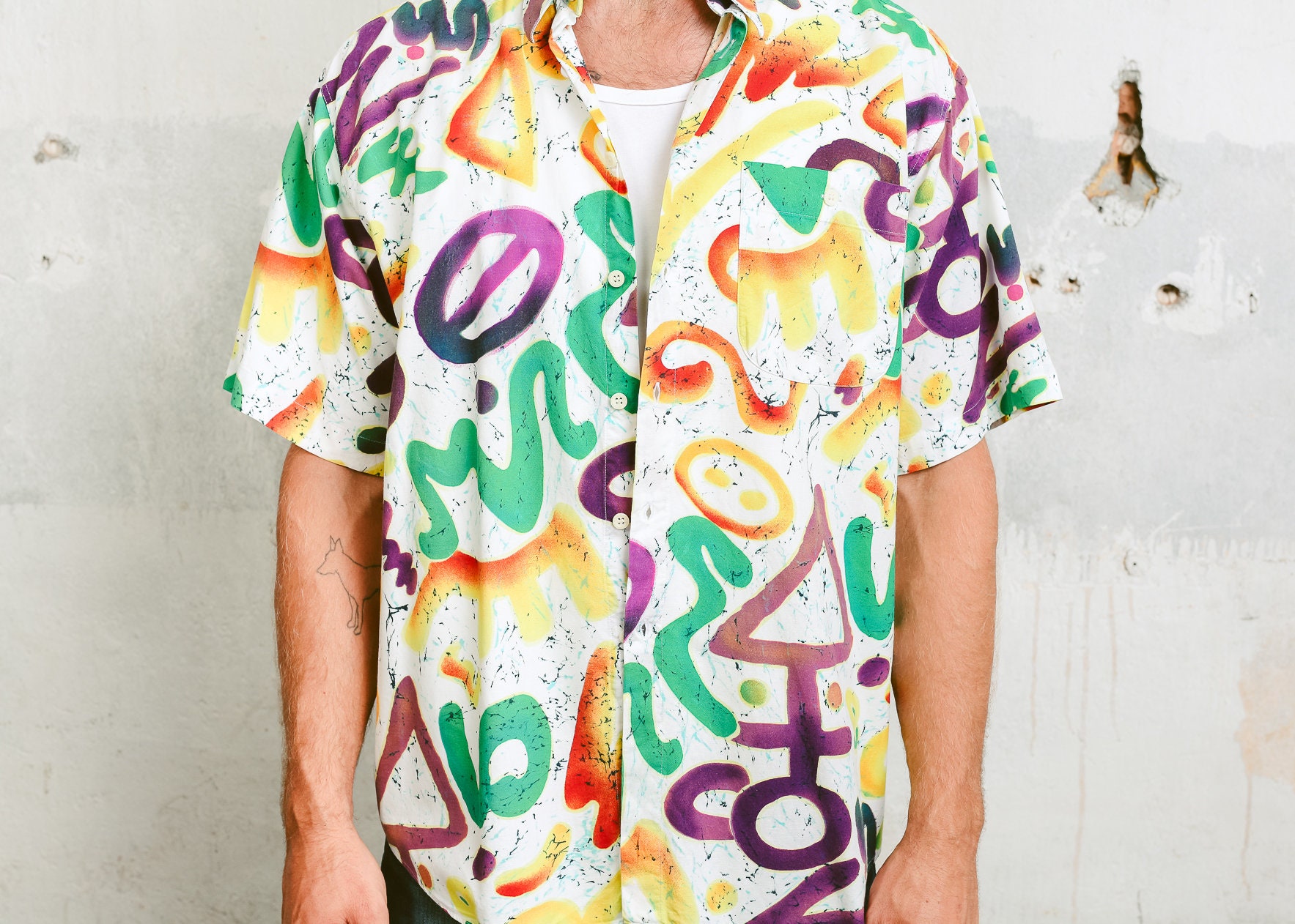 Vintage Long Lagoon Button Up Abstract Cotton Shirt Large Pop Art Multicolor Geometric Art Baroque Novelty Party Oxfords Size L