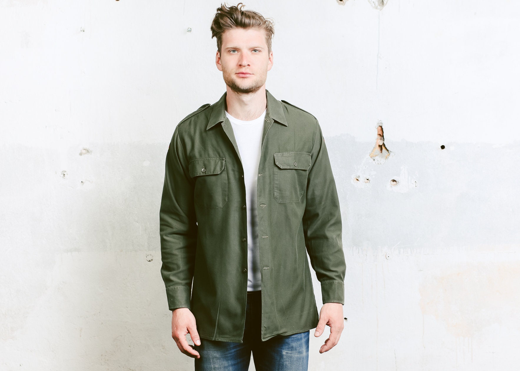 Green 80s Army Shirt . Vintage Men 1980s Shirt Jacket Green German Army