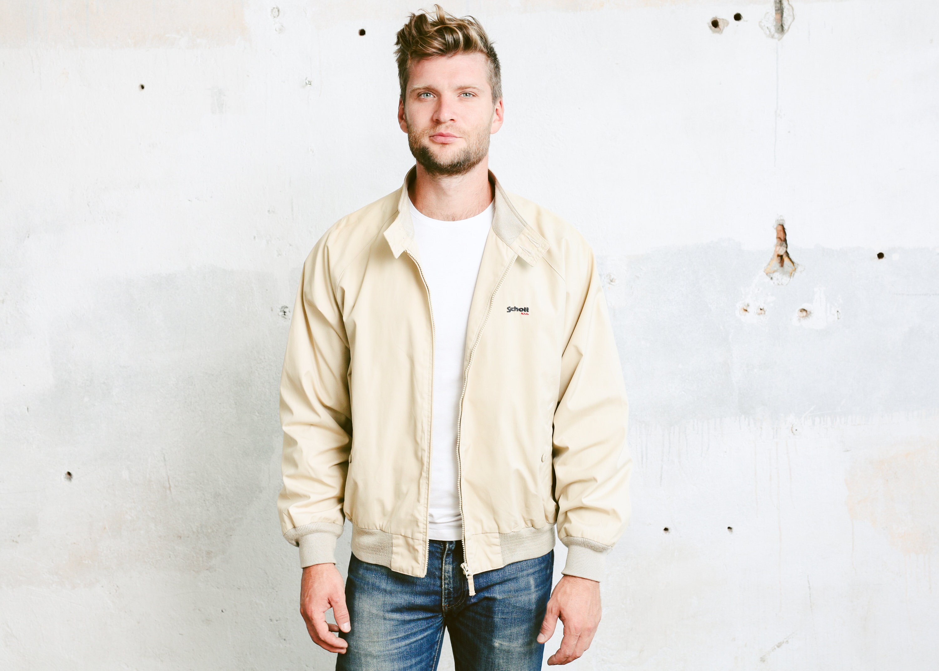 SCHOTT NYC Men Bomber Jacket . Men's Vintage 90s Beige Lightweight
