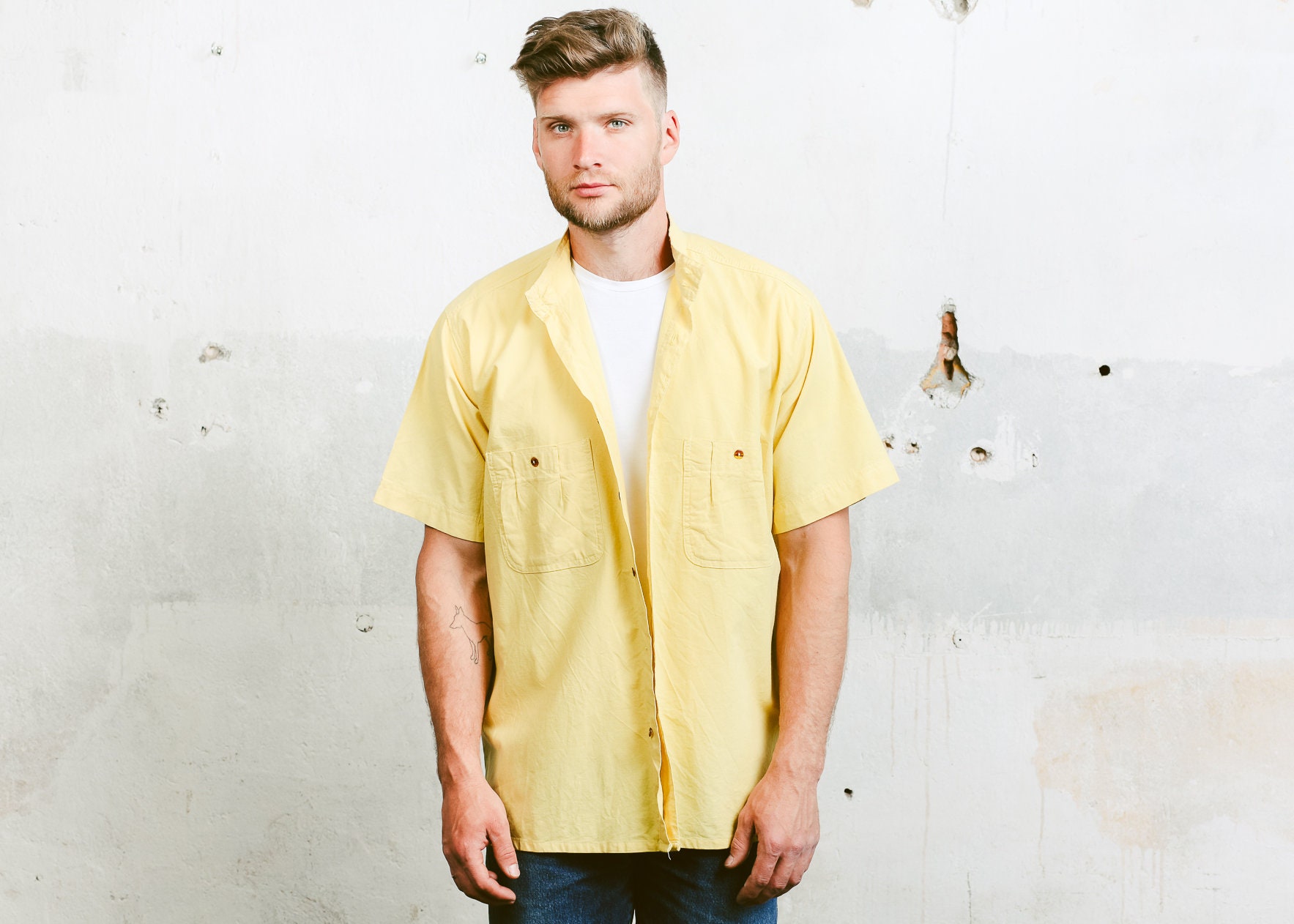 80s Men Collarless Cotton Shirt . Vintage 90s Shirt Yellow Band Collar ...