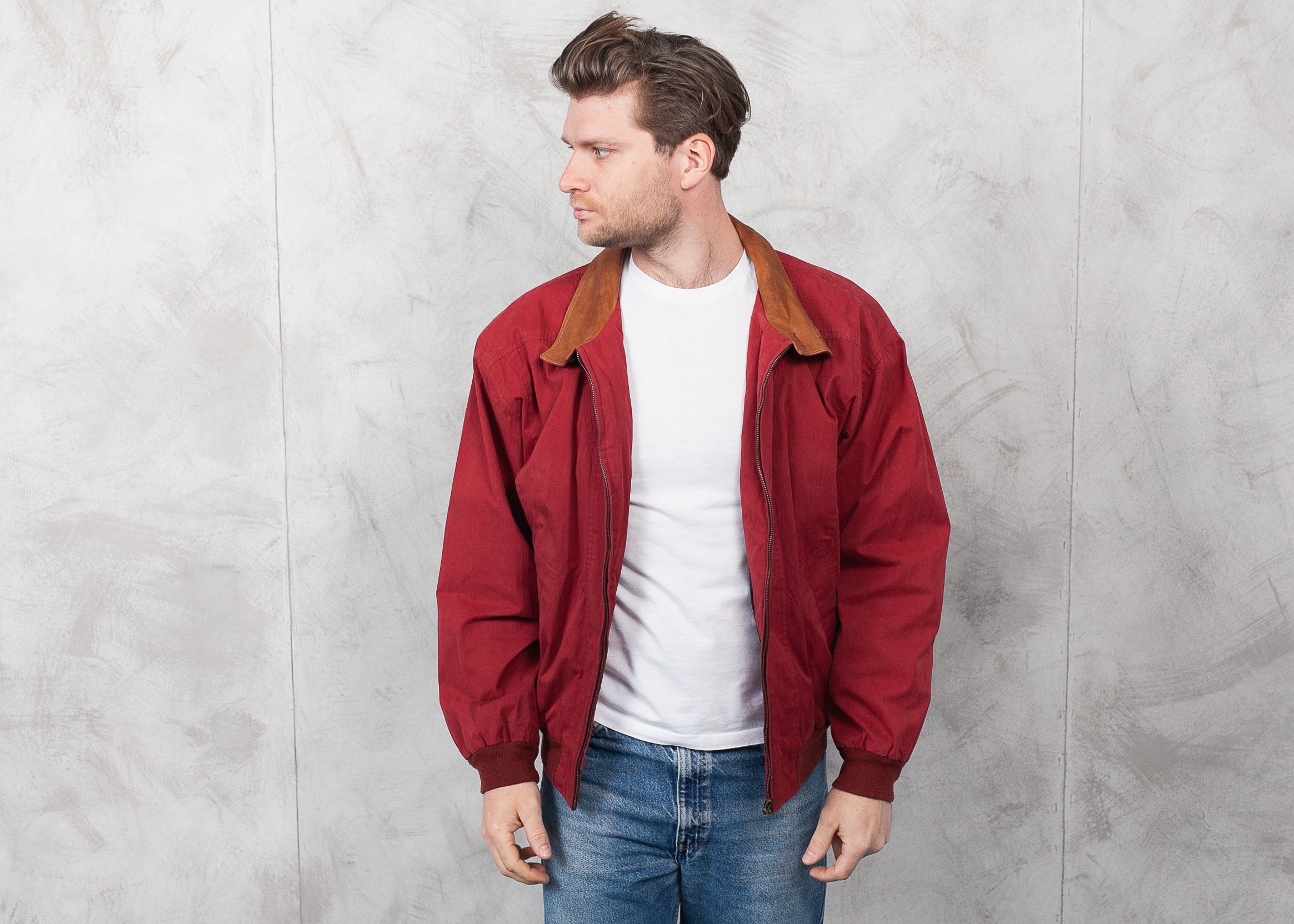 Vintage Red Bomber Jacket . Men's 90 Zip Up Jacket Minimalist Jacket  Outerwear Casual Windbreaker Jacket . size Extra Large XL