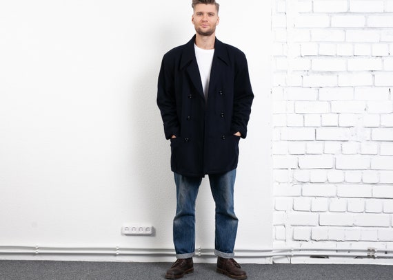 Navy Blue Men Pea Coat . Vintage 90s Sailor Jacket