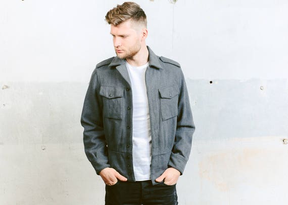 Men Wool ARMY Jacket . Vintage 70s Grey Coat Wool