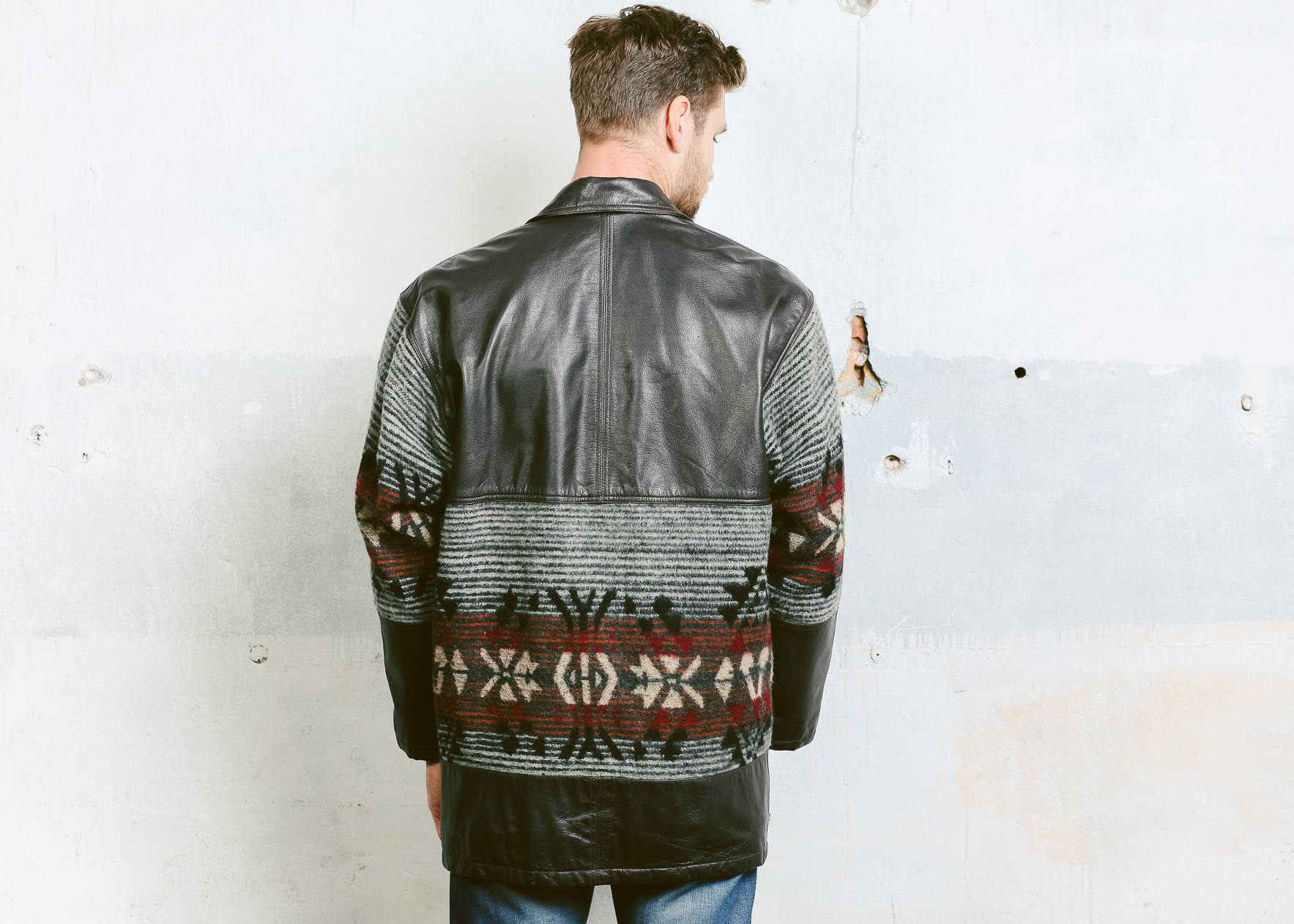 Men Aztec Fleece Coat . Southwestern Wool Jacket Dark Winter Outerwear