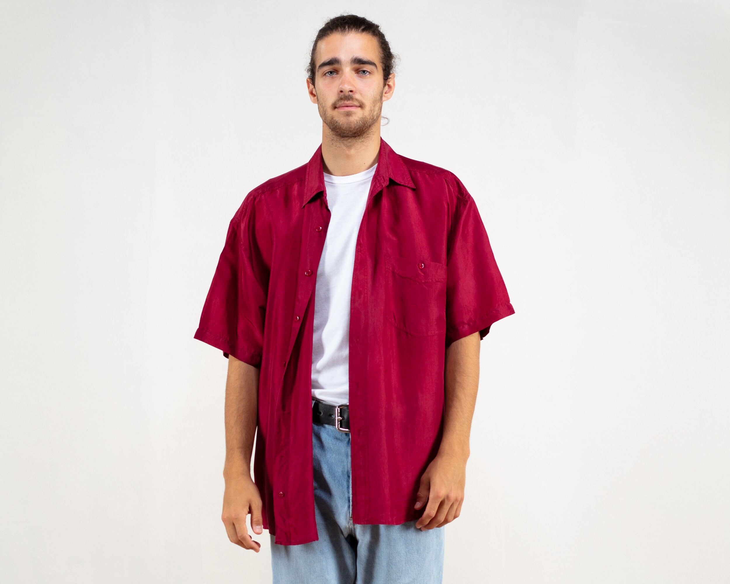 mens red silk short sleeve shirt