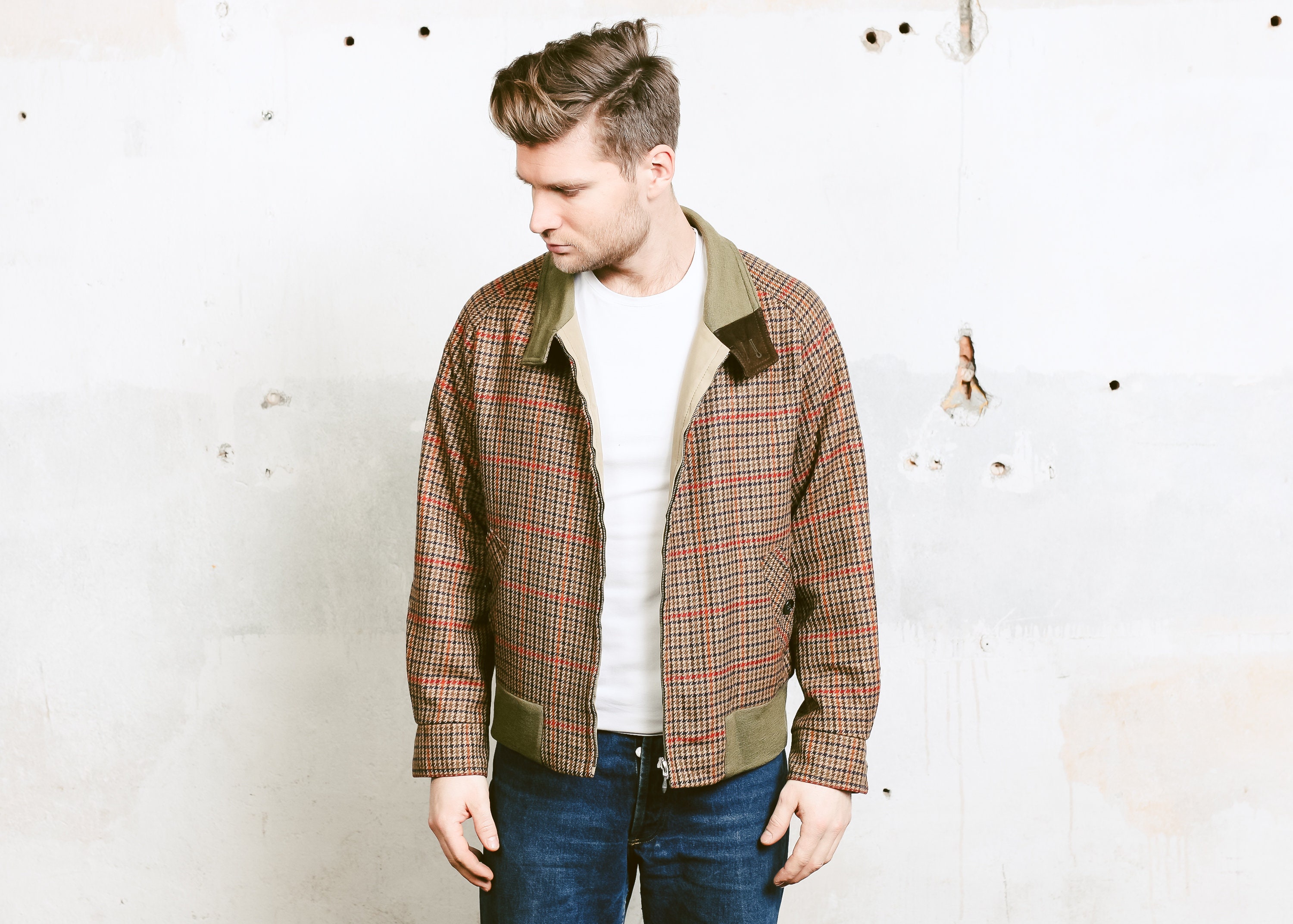 Men Wool Bomber Jacket . Vintage 80s Reversible Wool Blend Coat Flight Aviator Jacket Outerwear