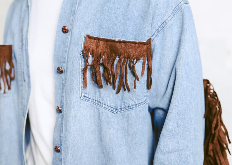 Vintage Fringe Denim Shirt size Medium M Men 80s Blue Jeans Shirt Chambray Shirt 90s Western Shirt Cowboy Shirt