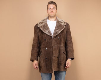 Cappotto in shearling vintage, taglia grande L, cappotto di pelle di pecora, cappotto in pelle scamosciata marrone, abbigliamento da uomo, cappotto invernale da uomo, cappotto anni '70, cappotto occidentale, BetaMenswear