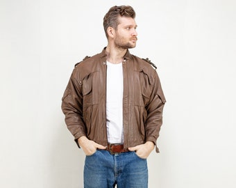 Leather Jacket, Size Medium M, Vintage Aviator Jacket, 80's Jacket, Mens Clothing, Leather Outerwear,  Moto Jacket, Men Overcoat, Retro