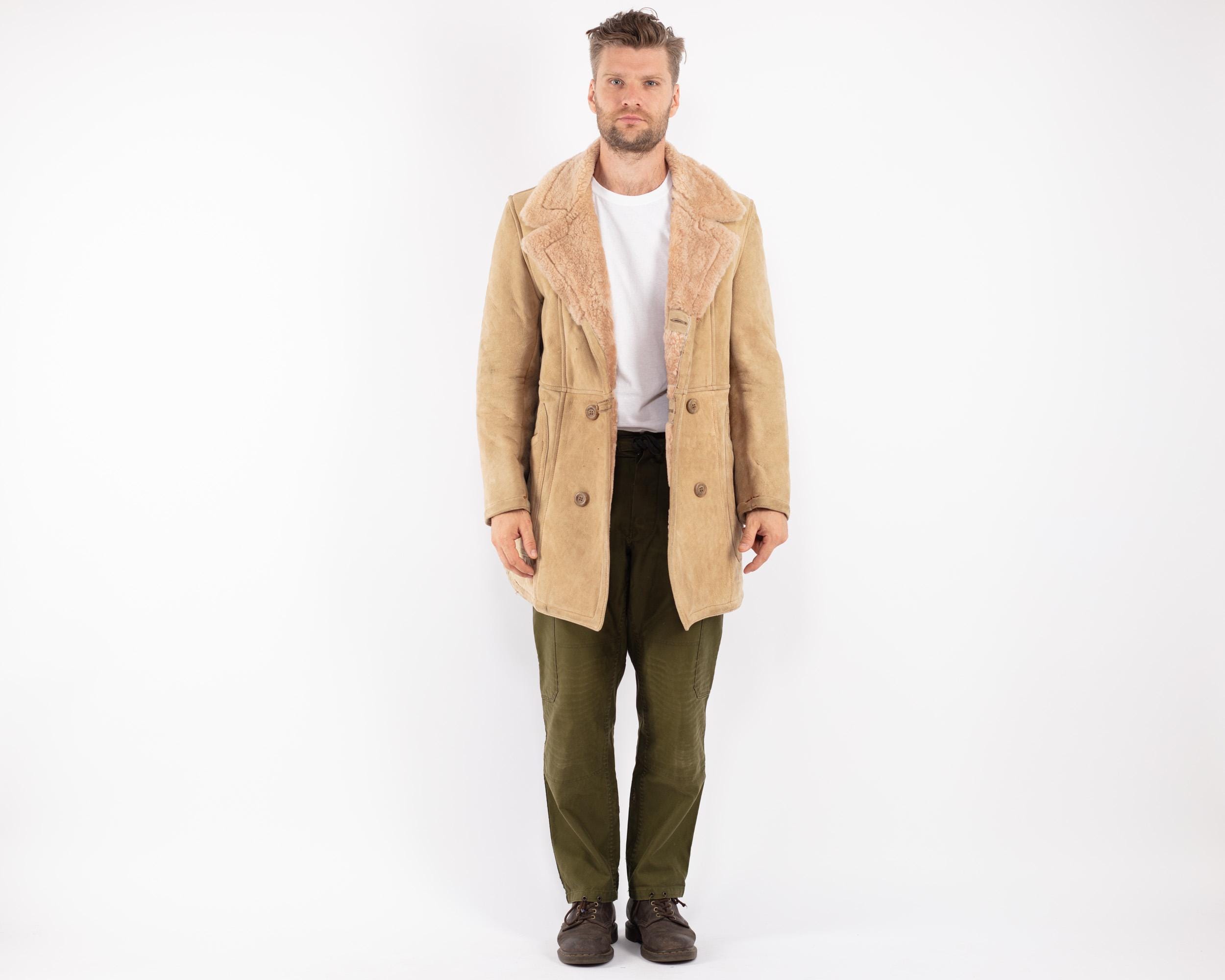 Vintage Men's Sheepskin Coat, Size L Vintage Classic Shearling Coat, Retro Winter Coat, Western Apparel, Beige Overcoat, Mens Clothing