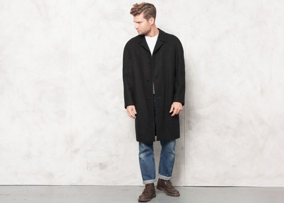 Vintage Wool Coat 70s Men Winter Coat Black Mens O