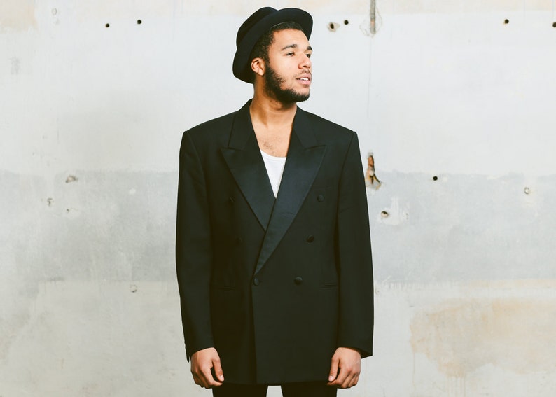 Vintage 1980s TUXEDO Jacket Mens 80s Black Tie Wool Double breasted Wedding Attire Peak Lapels Tux White Tie Formal Wear Medium Large