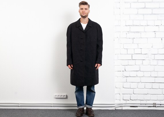 Dark Grey Grey Wool Overcoat . Vintage 70s Thick W