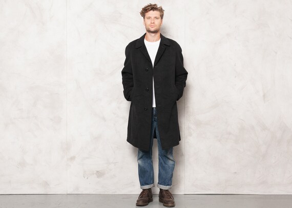 Men Vintage 70s Black Wool Coat Vintage Wool Overc