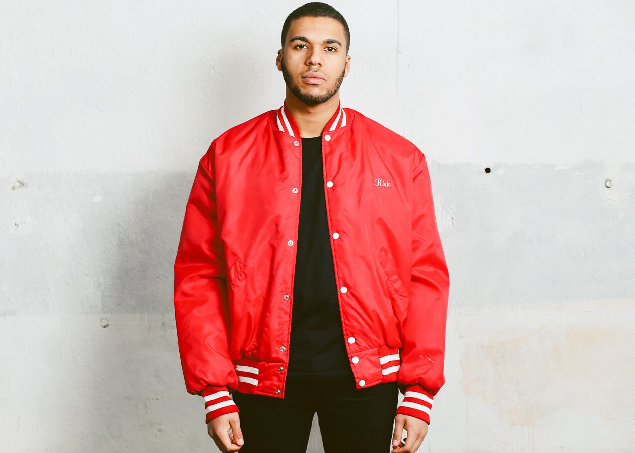 Vintage SPORT Jacket . Mens Nylon American 1980s Mens 80s Red Sports Coat Outerwear Boyfriend