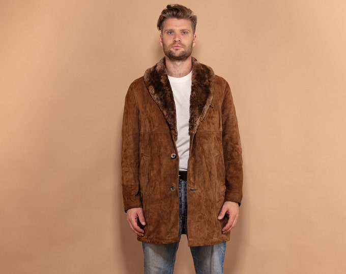 Mens Suede Sherpa Coat, Size Large L, Vintage Jacket, Faux Sheepskin Coat, Western Style Coat, Boho Outerwear, Shearling Collar Coat