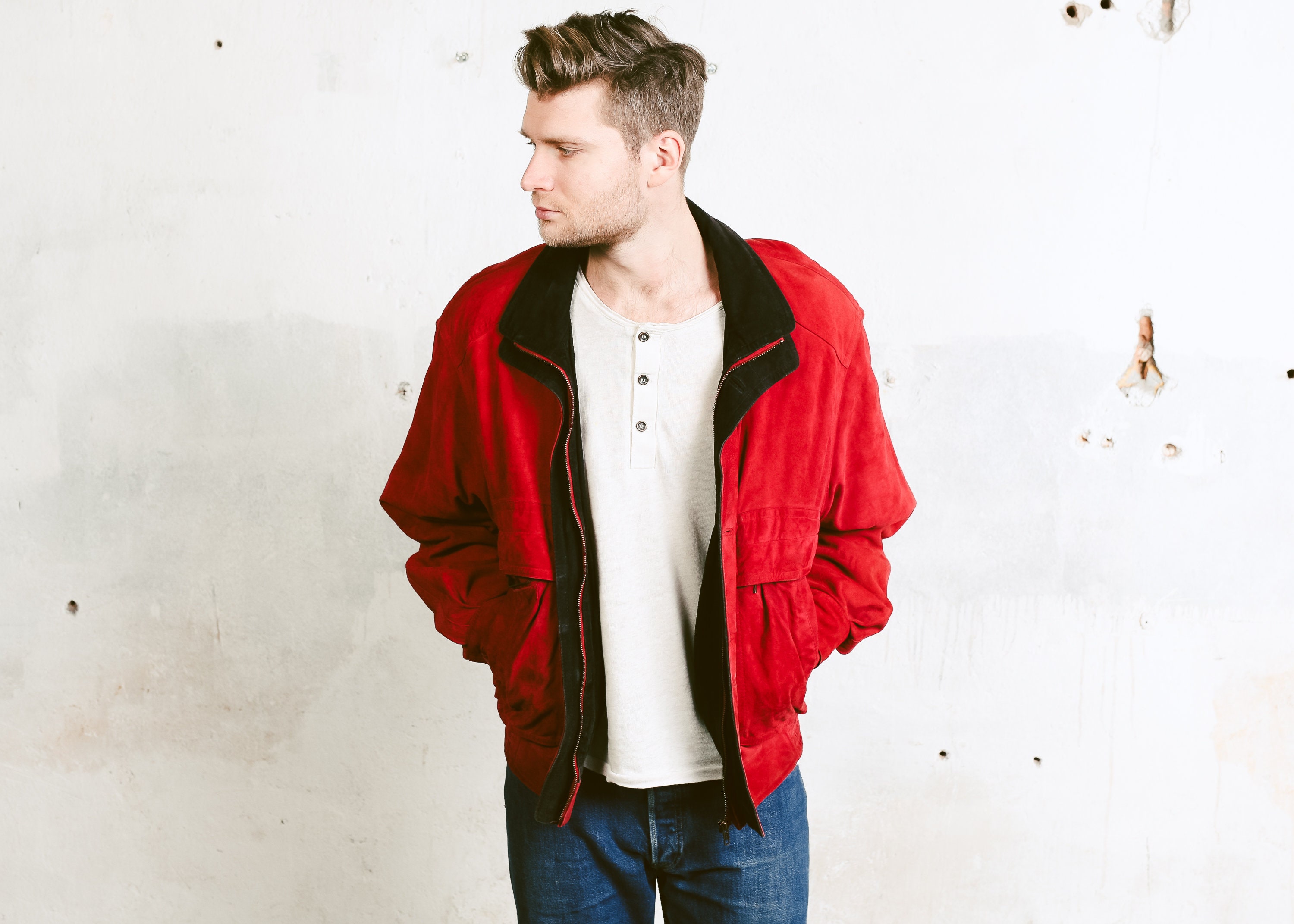 Red Suede Bomber Jacket . Mens Zip Up Red Jacket 80s Grunge Coat Flight ...