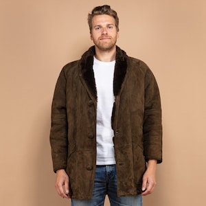 Sheepskin Men&#39;s Coat, Size Medium M Vintage 70&#39;s Shearling Coat, Brown Sheepskin Coat, Retro Suede Coat, Brown Fur Coat, Spain Made