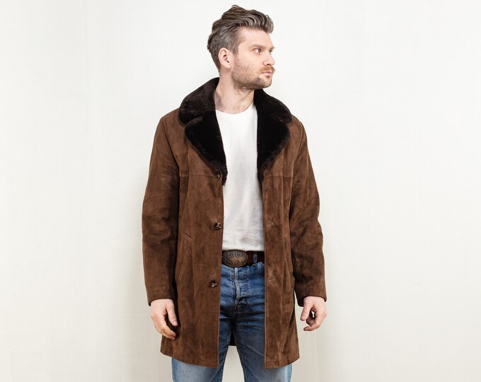 Men Suede Coat 70's vintage men overcoat brown suede sherpa coat winter casual style western sustainable vintage men clothing size medium M