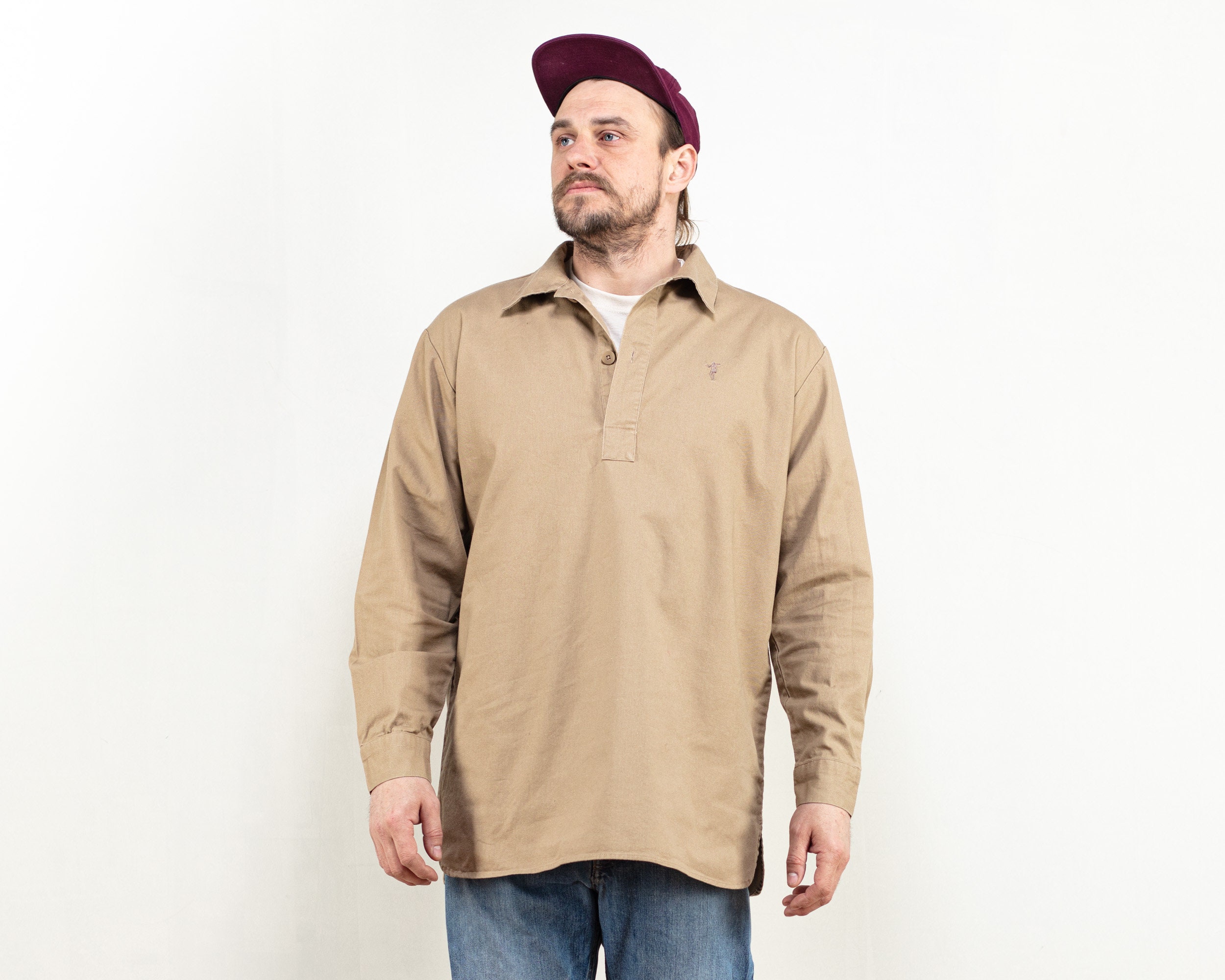 Men Smock Shirt chore men beige work long sleeve shirt peasant cotton