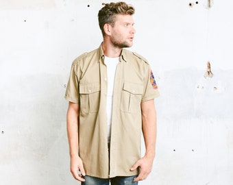 Men Beige Safari Style Shirt . Vintage 