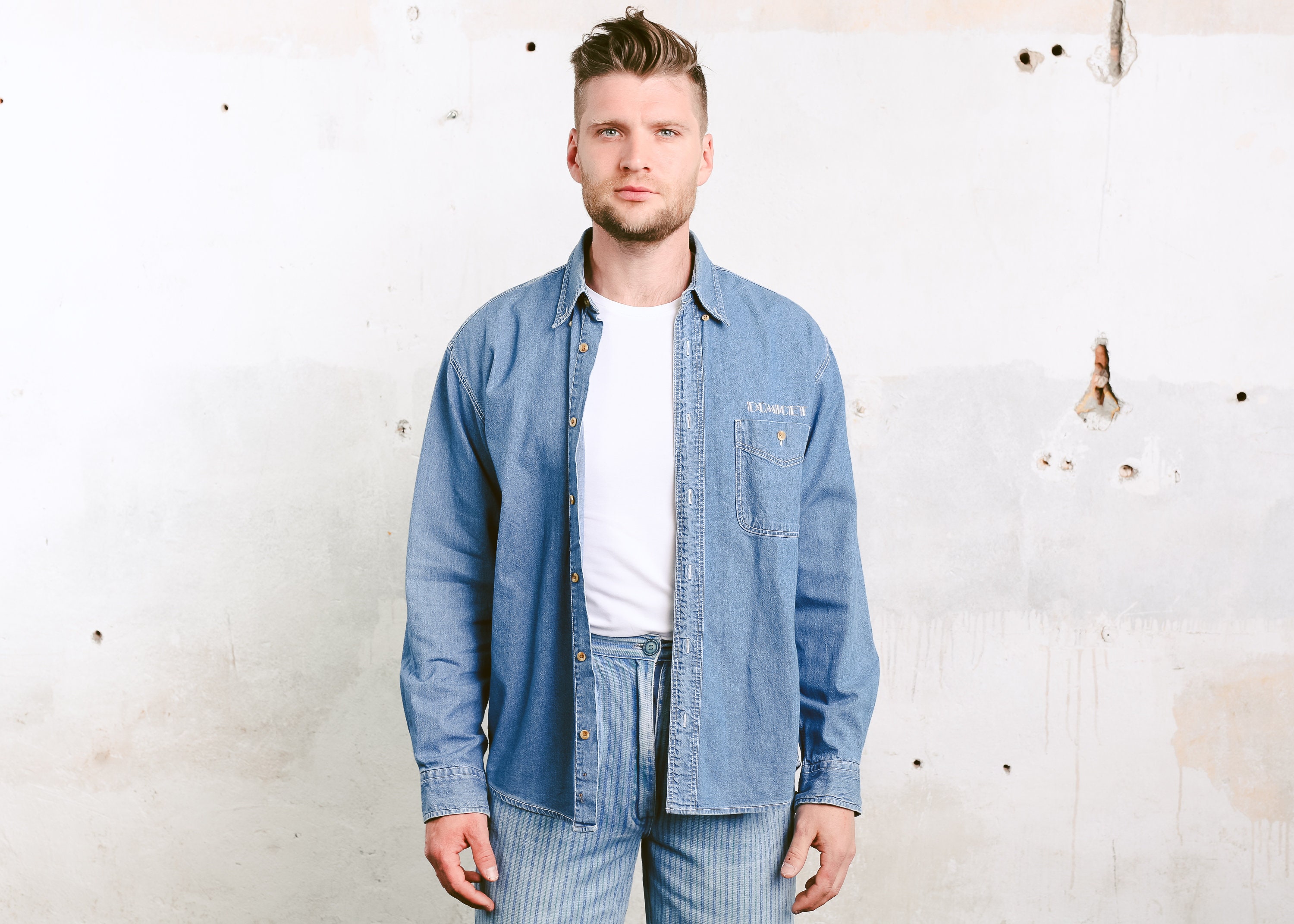 Vintage Men Denim Shirt . Blue Jeans Shirt Faded Distressed Oxford