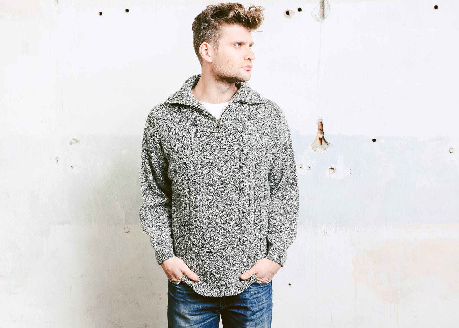 Men's Zip Collar Sweater . Fishermen Sweater Vintage Chunky Knit Sweater Mock Neck High Neck