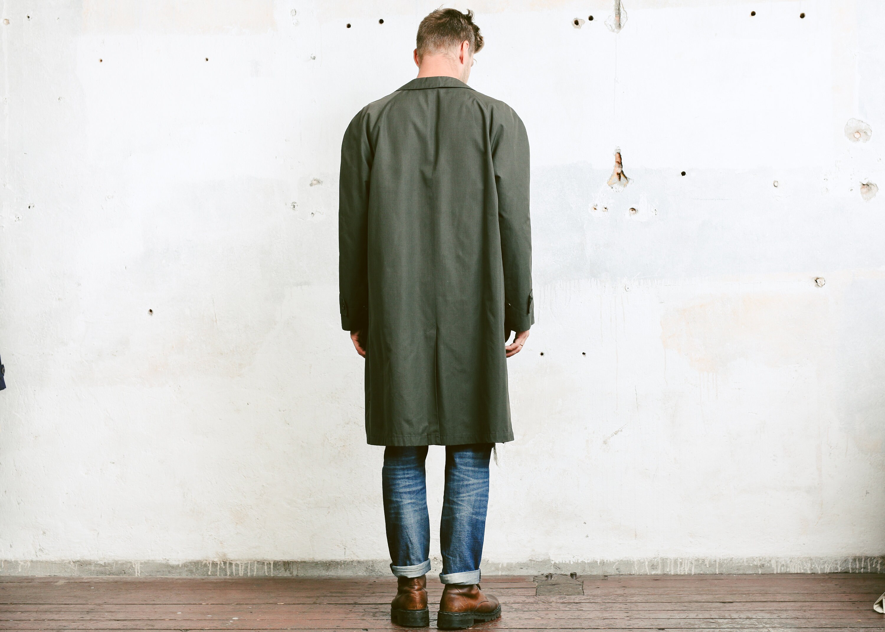 Vintage 80s Men Grey Trench Coat . Duster Coat Mac Coat Raglan Sleeves ...