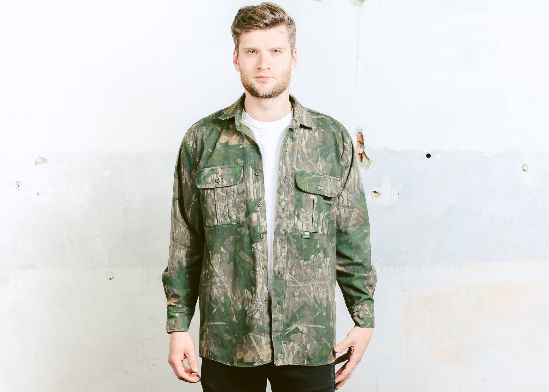 Camouflage Jacket . Shirt Vintage 90s Men's Forest Camo Green Shirt