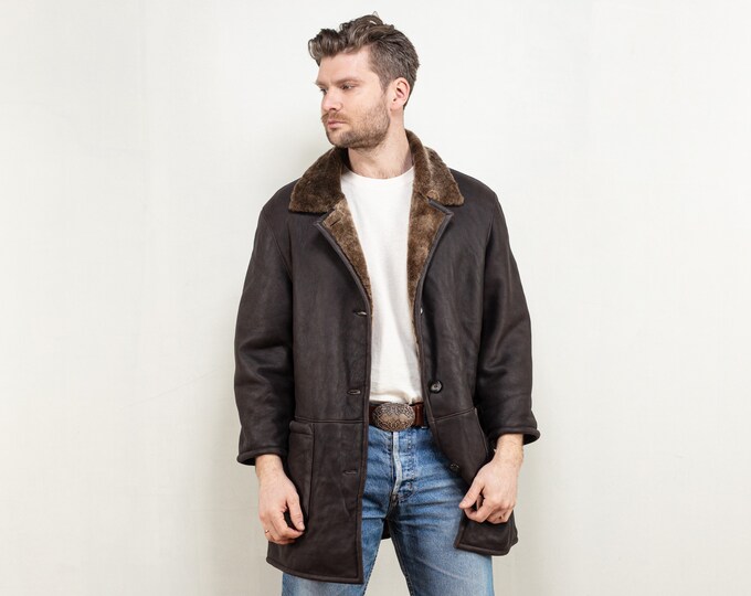 Sheepskin Men Coat 90's vintage men coat brown sheepskin leather shearling western RDR2 style men vintage clothing size medium M