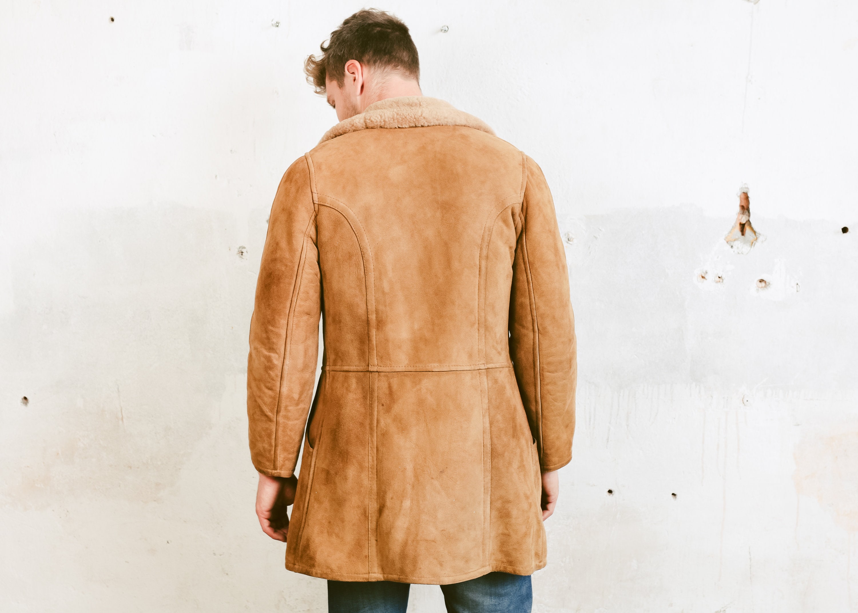 Suede Shearling Coat . Mens Vintage 70s Sherpa Jacket Coat Winter SUEDE Leather Brown Jacket