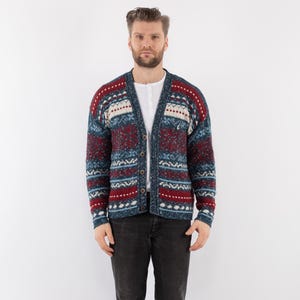 90s Men Patterned Cardigan, Men&#39;s Size L Button Up Cardigan, Cozy Wear, Vintage Wool Jacket, Retro Knitwear, Vintage Boho, Cottagecore