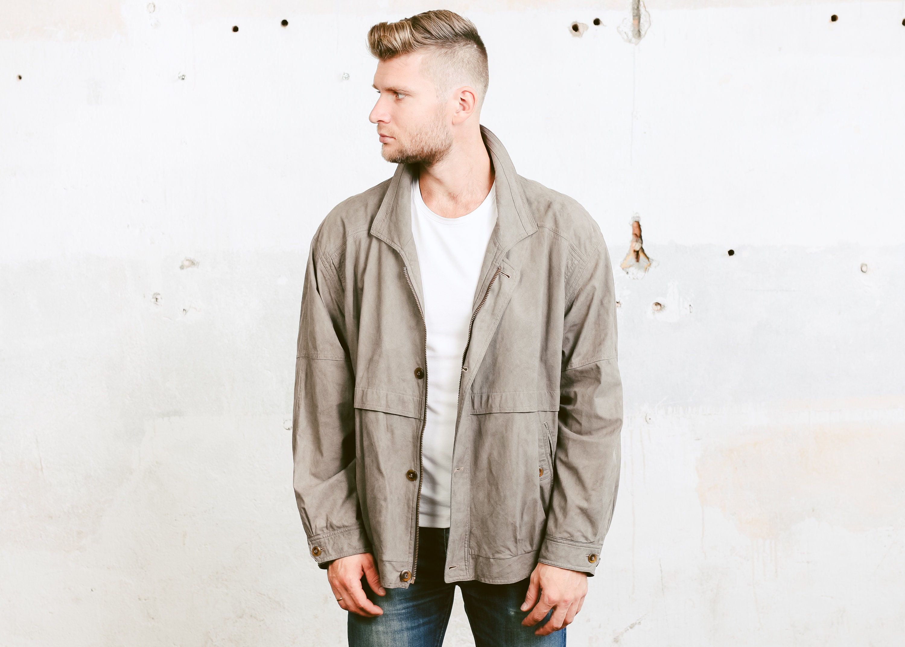 Vintage Outerwear for Men . 80s Grey Bomber Jacket Oversized ...