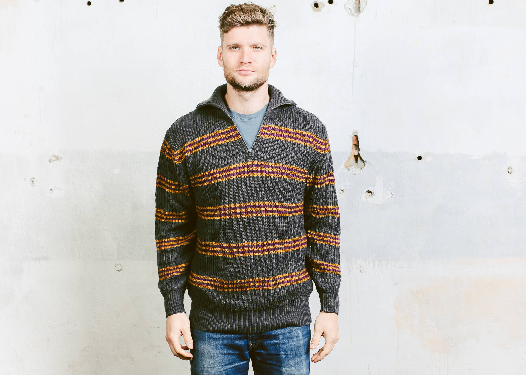 Men's Zip Collar Sweater . Vintage 70s 