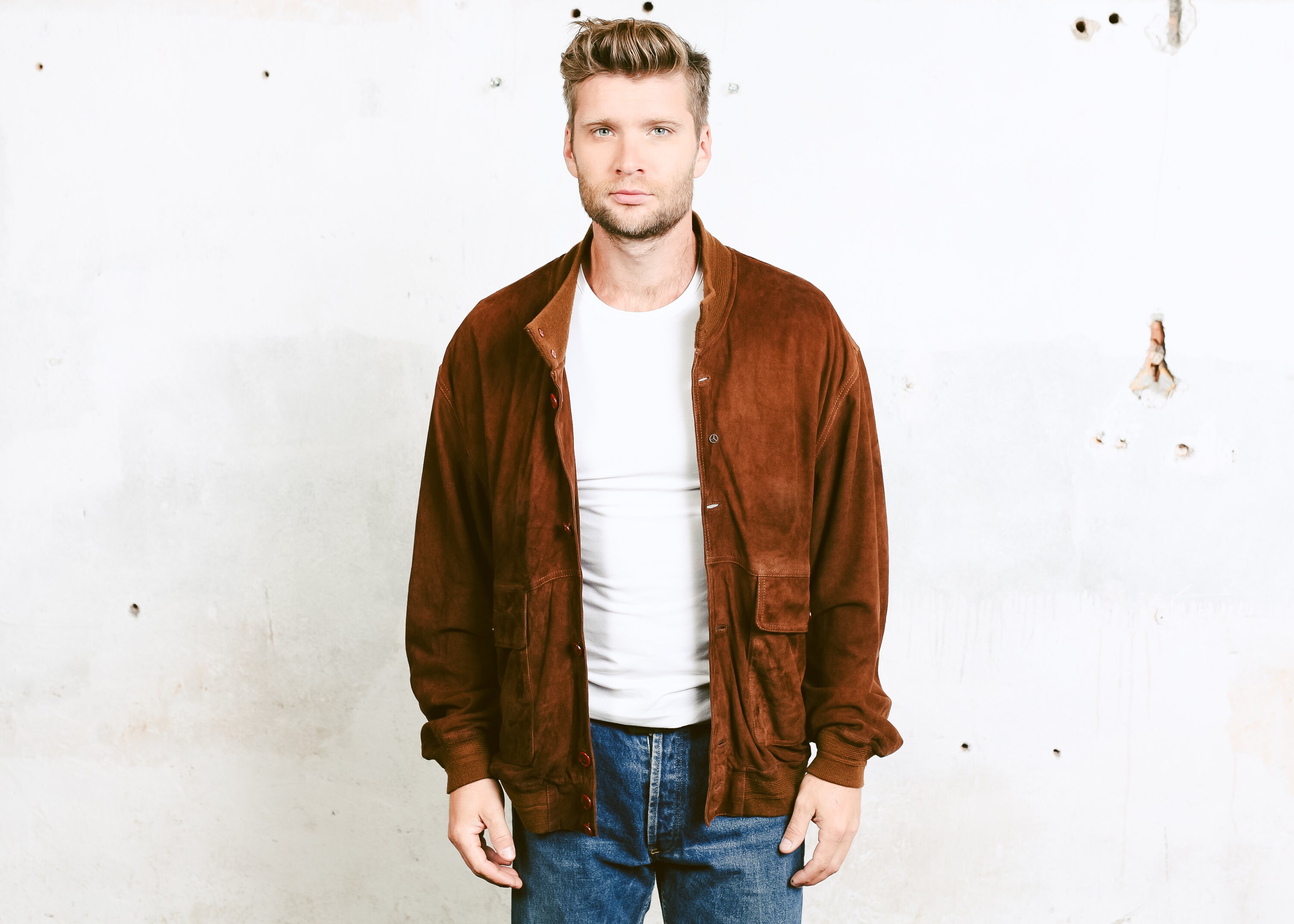 Suede Leather Bomber Jacket . Mens Button Down Brown Jacket 90s Grunge ...