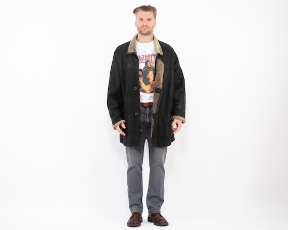 90s Black Sheepskin Coat, Vintage Shearling Leather, Men's Size XL
