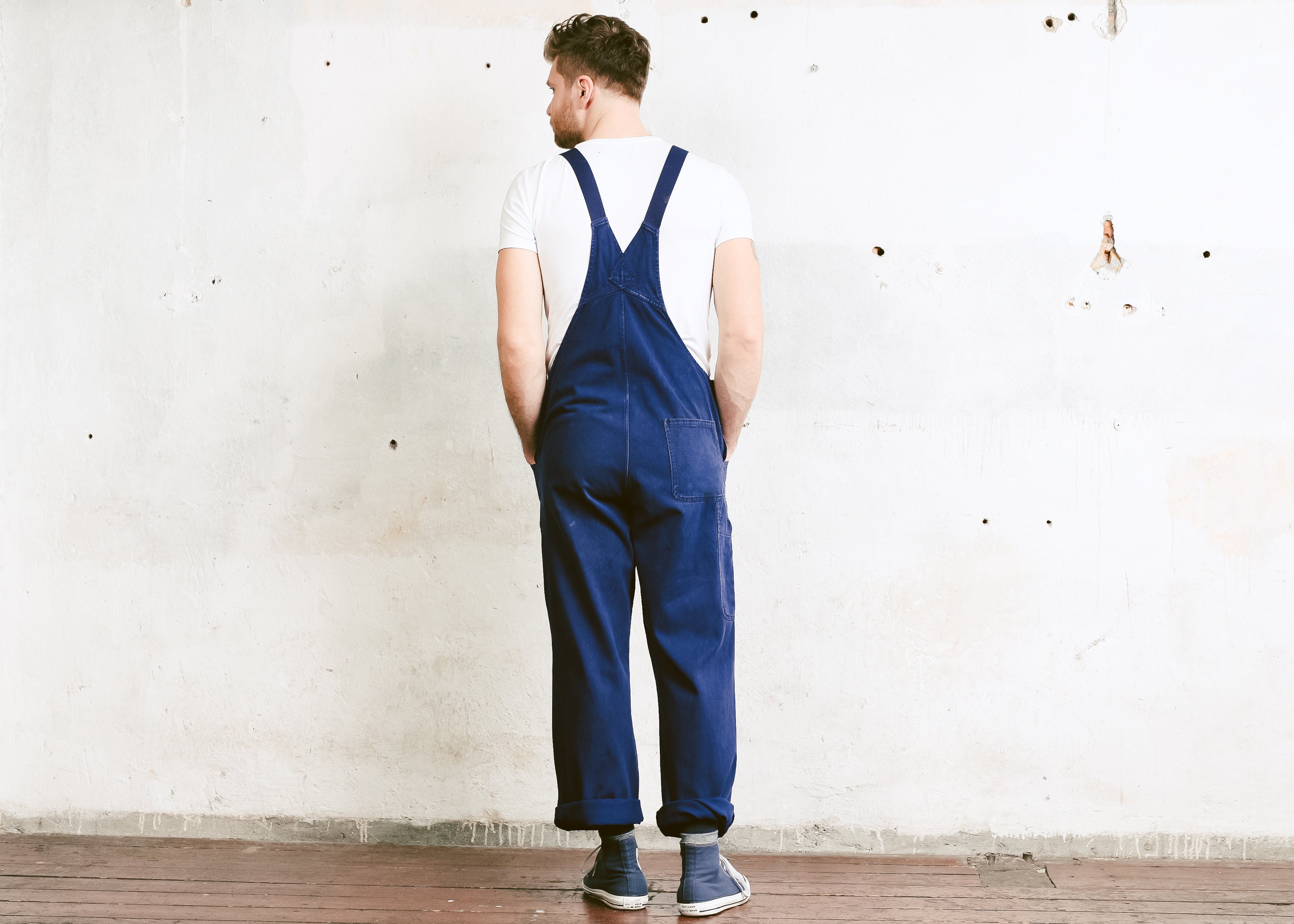 Vintage Men's Work Jumpsuit . Overalls Dark Blue Sanfor 1980s Garage