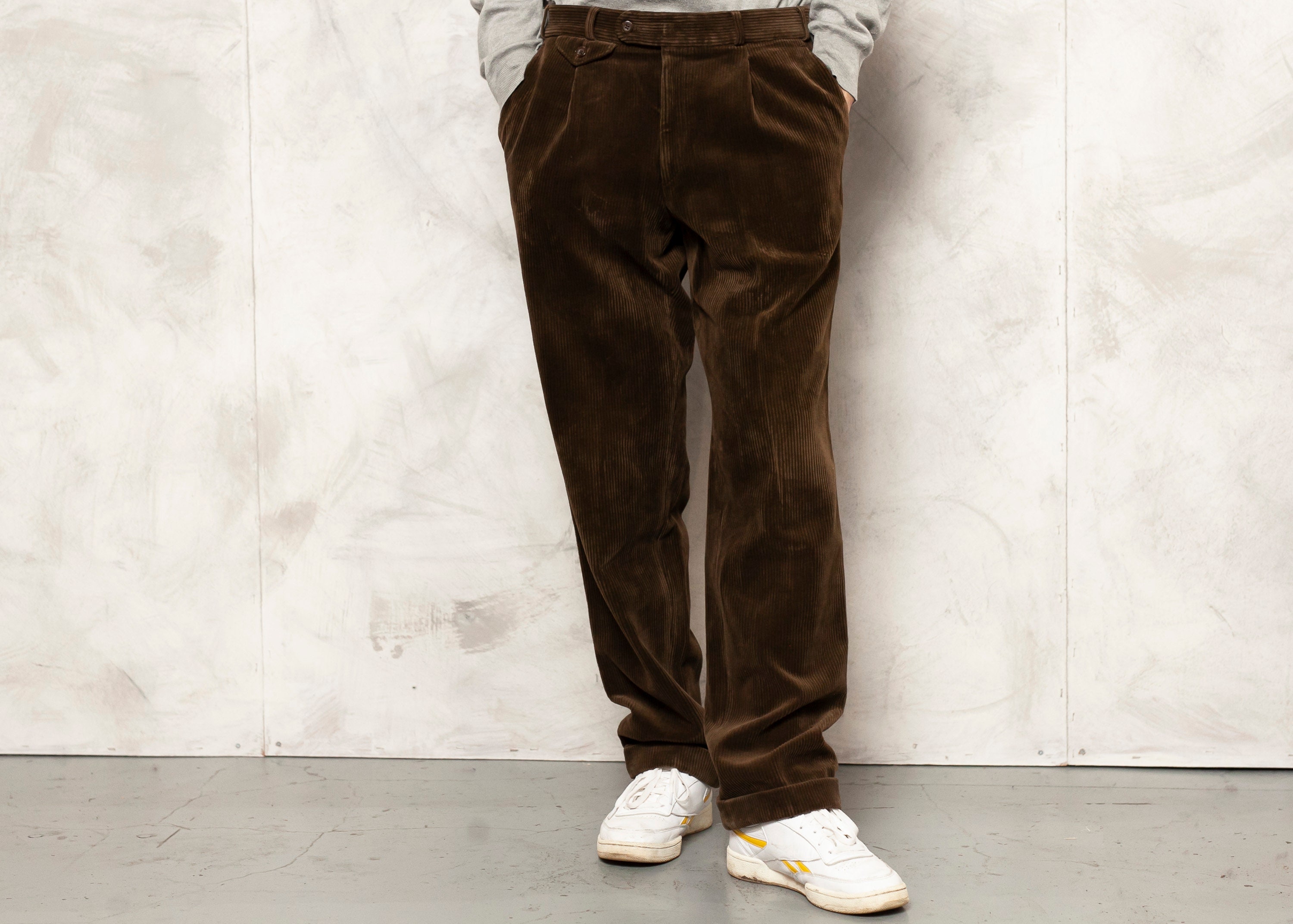 Baggy Cord Pants Vintage 90s Dark Brown Corduroy Pants Cotton Trousers Men  Casual Trousers Free Fit Pants Men Clothing Size Extra Large XL 