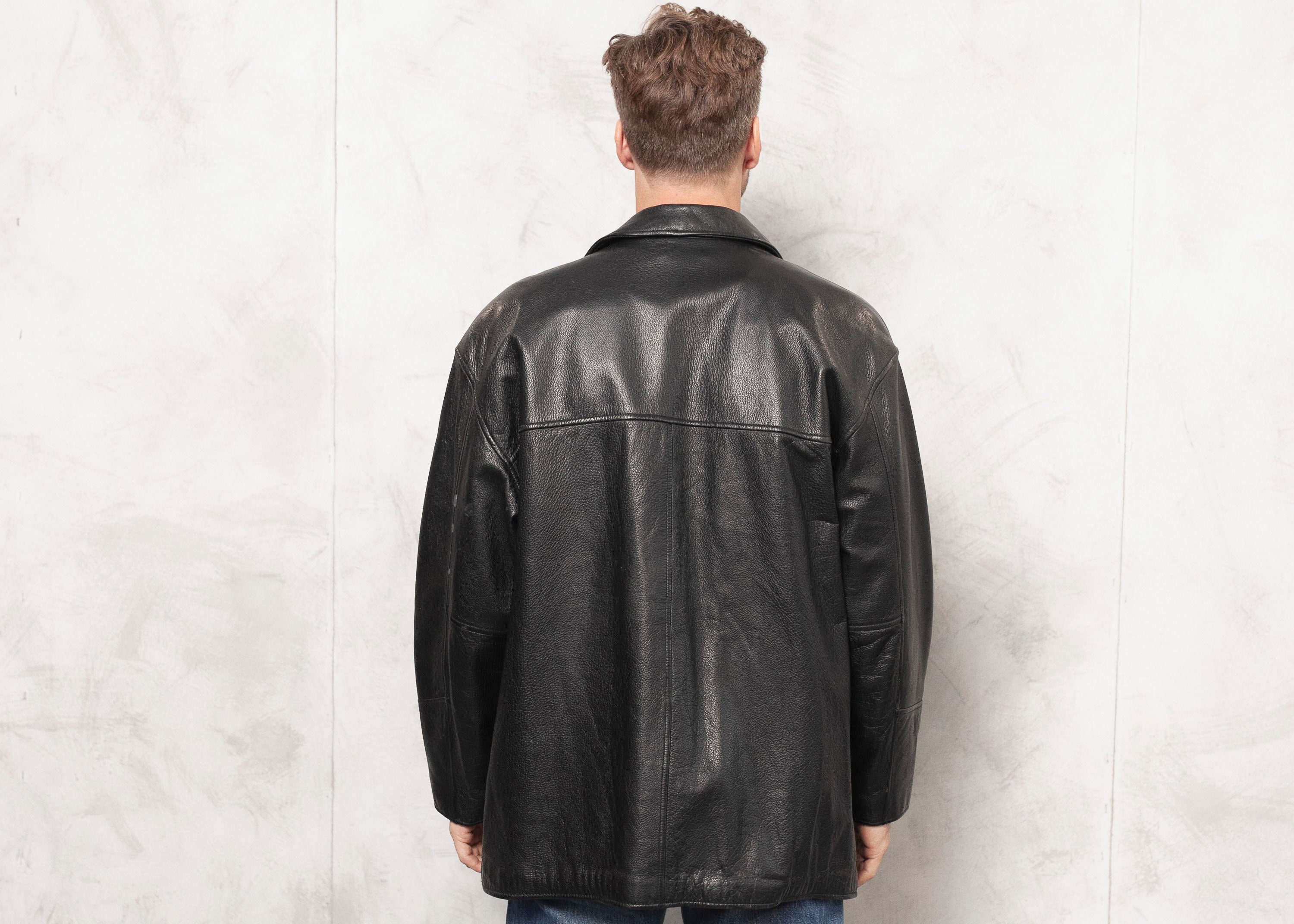 Black Leather Coat 90s Vintage Men's Black Leather Jacket Men Overcoat