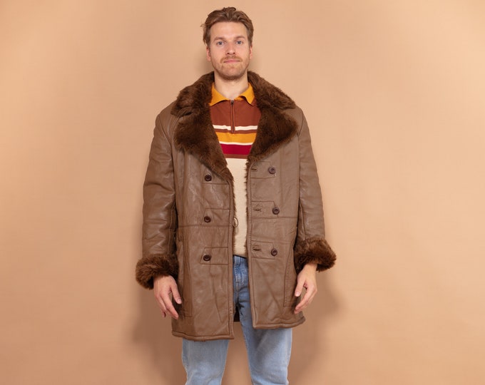 Faux Sheepskin Coat 90s, Size Large, Vintage Brown Leather Coat, Faux Shearling Fur Lined Coat, Double Breasted Men Retro Sherpa Coat